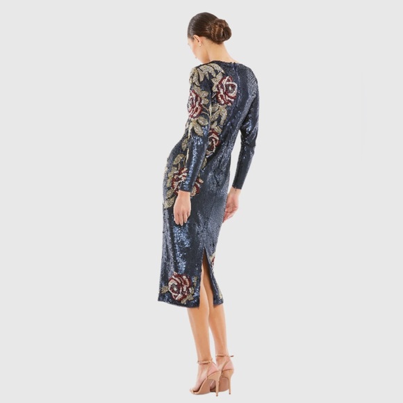 Mac Duggal SEQUINED ASYMMETRICAL FLORAL LONG SLEEVE MIDI DRESS midnight 8 $598 - Picture 3 of 4